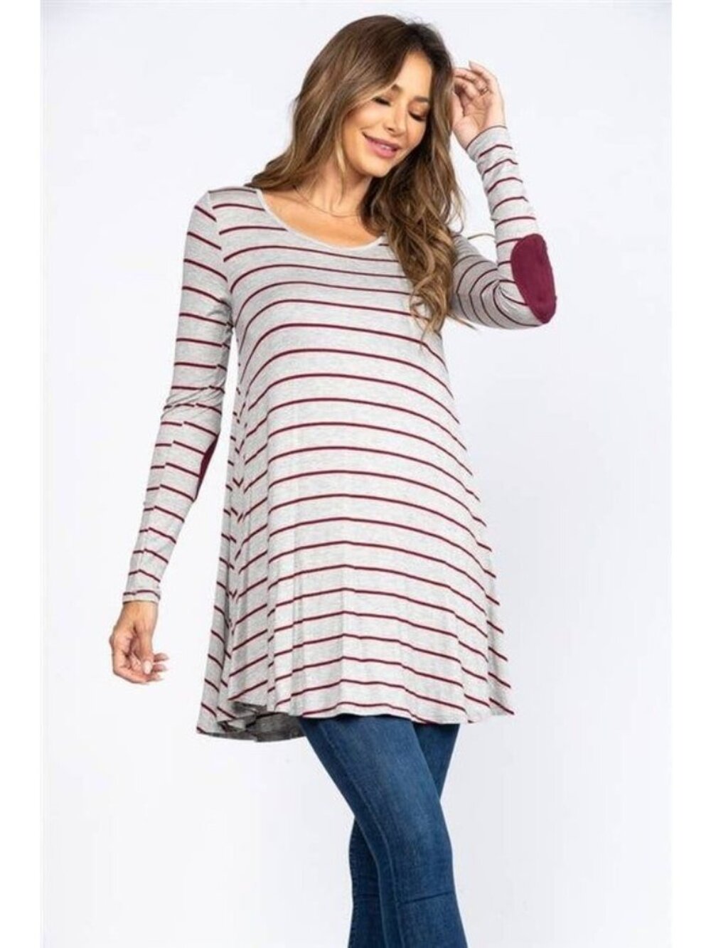 Evelie Womens Gray & Burgundy Striped Long Sleeve Tunic With Elbow Patches - Lar